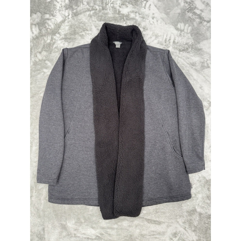 LL Bean Open Front Cardigan Womens Medium Gray Black Sherpa Jacket Sweater L.L.